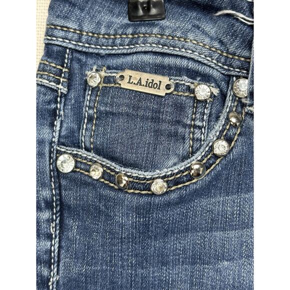 L.A. Idol Women's Cropped Jeans Size 5 Rhinestone Buttons/Pockets Distressed - Picture 2 of 16